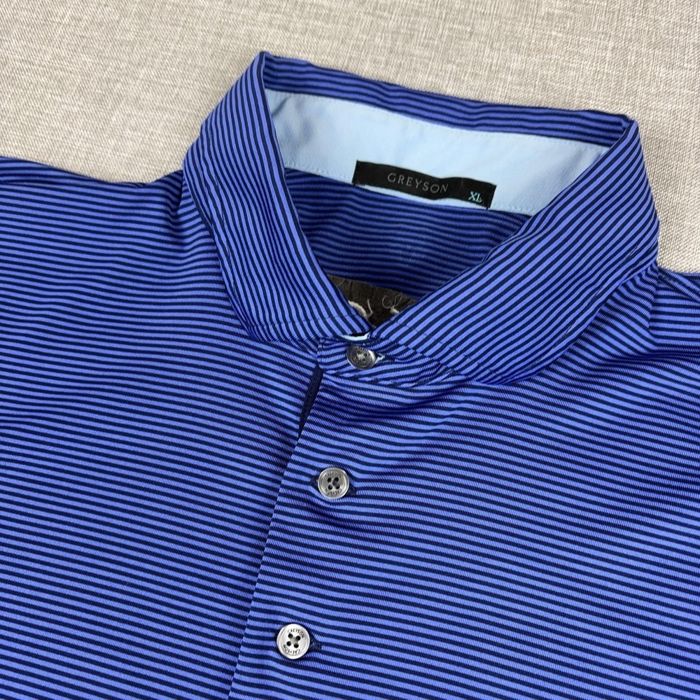 Greyson Polo Shirt Mens XL Blue Striped Stretch Golf Short Sleeve 360 Logo